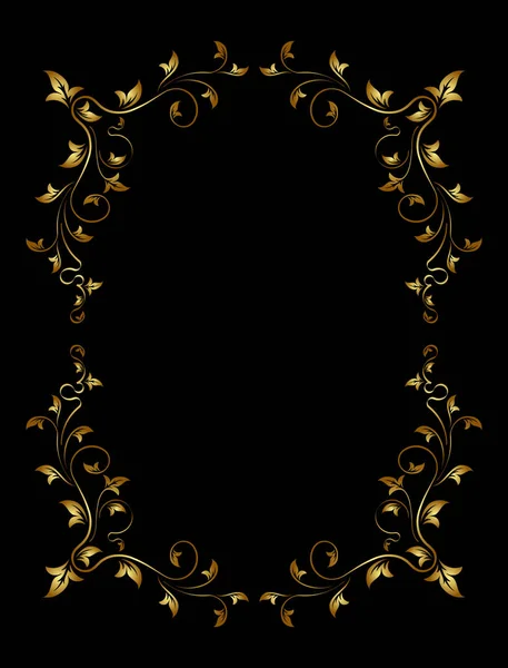 Oud Goud Frame Zwarte Achtergrond Met Bloemen Bladeren — Stockvector