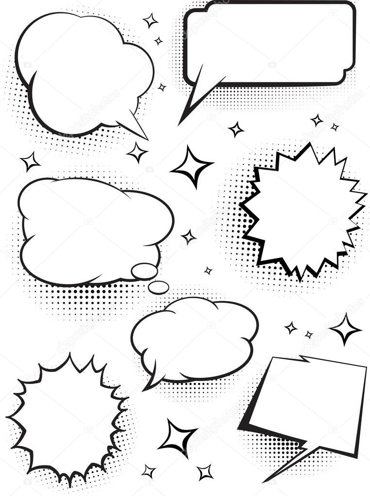 Set of comic speech talking bubbles with dots shadow.