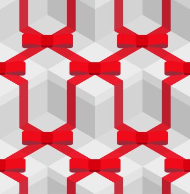 Seamless modeli ile tekrar beyaz kare hediye kutu kırmızı şerit yay ile olan izometrik şekil.