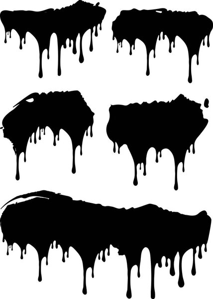 Set of black grunge decors with paint drips with spray blobs. Vector illustration