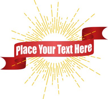 Beyaz arka plan üzerinde metin için kırmızı dekoratif kurdele ile güneş ışınlarının 