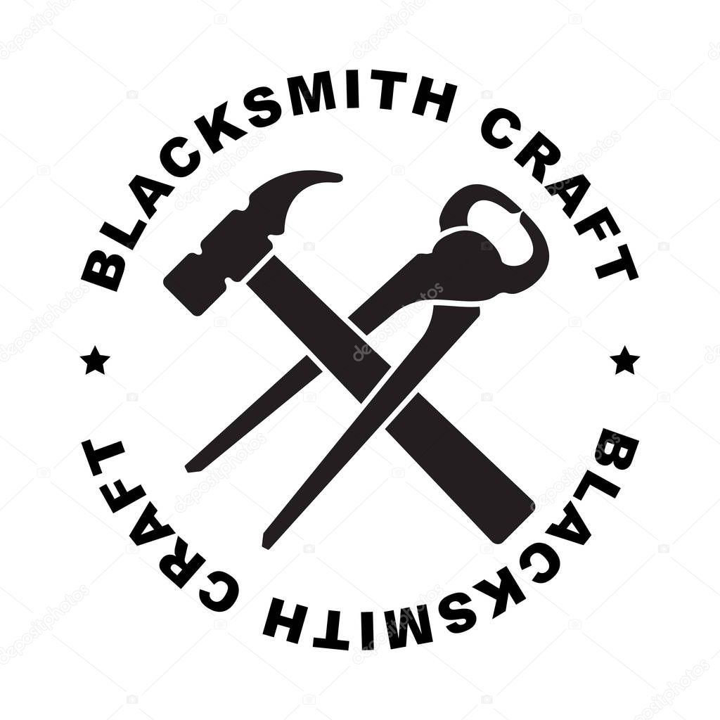 Round blacksmith craft label with hammer and mites