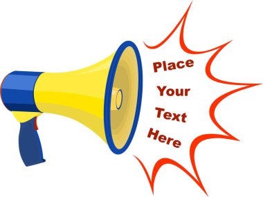 Vintage sarı ve mavi megafon alan içeren metin için. 