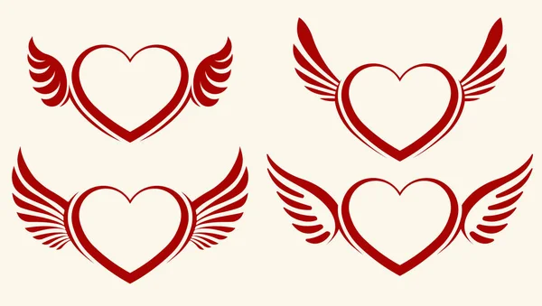 Set Four Red Vector Hearts Wings — Stock Vector