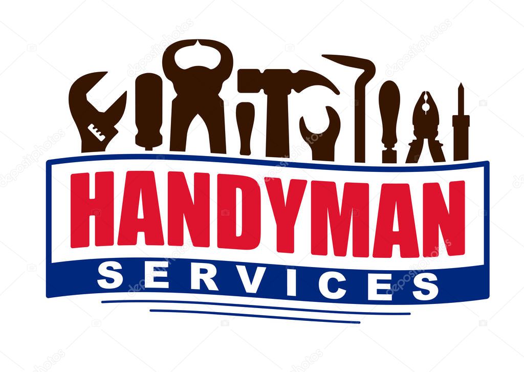 Handyman services vector logo with set of workers tools.