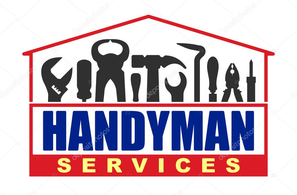 Handyman services vector logo with set of workers tools.