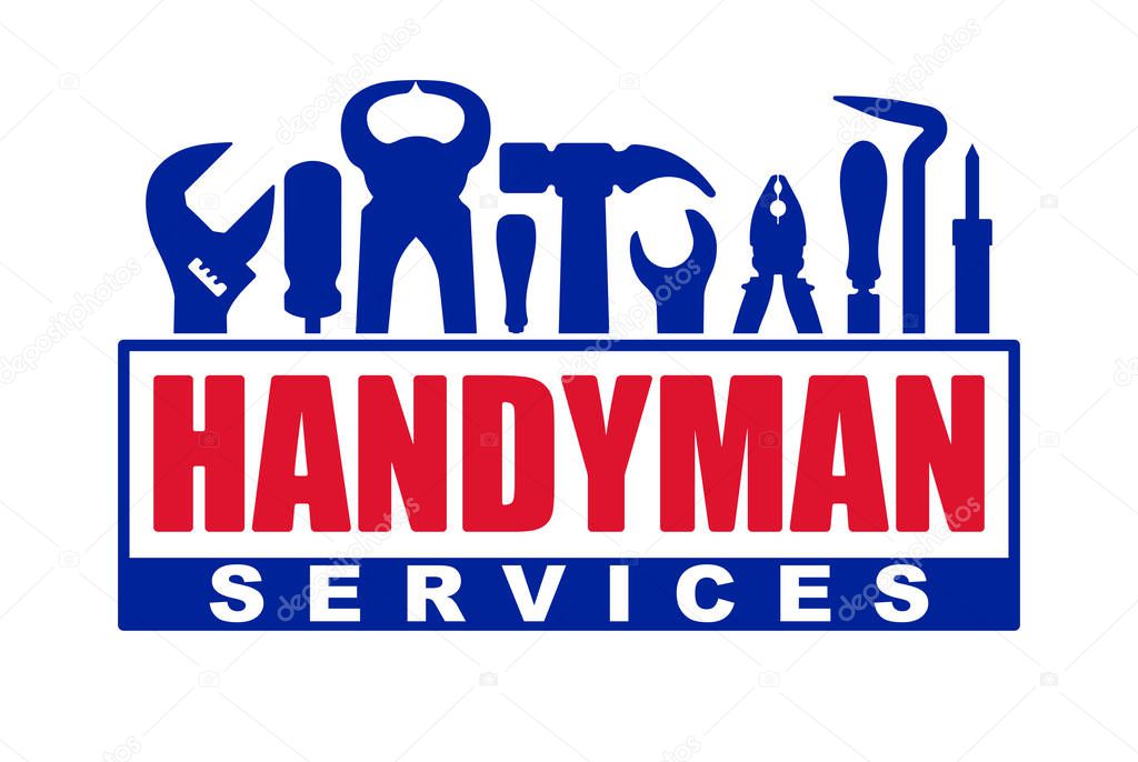 Handyman services vector logo with set of workers tools.