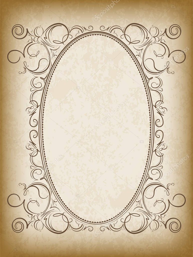 Old oval frame with the blacked out edges and a blank space for text. Retro vintage greeting card, invitation or template for notes.