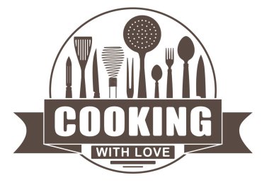 Logo veya amblem afiş ve pişirme aletleri ve mutfak eşyaları siluetleri vektör tasarımı yuvarlak sevgi ile pişirme. 