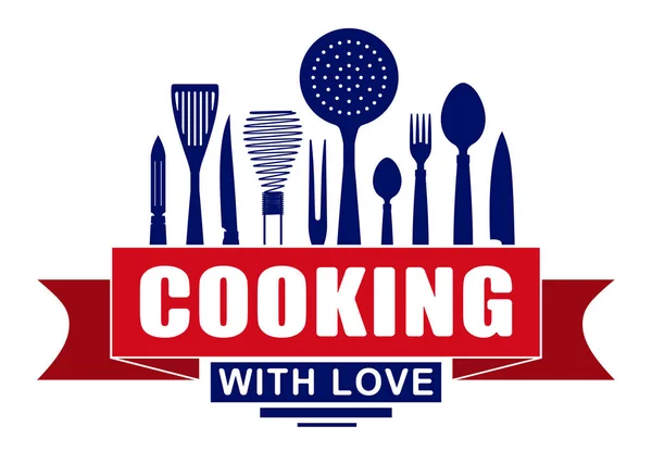 烹饪与爱矢量设计为您的标志或标志与红色的横幅和烹饪用具和厨具的剪影 — 图库矢量图片