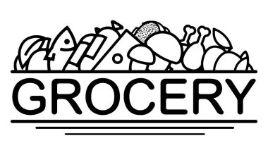 Bakkal tasarım simgeler farklı yiyecek ile. Afiş, logo, etiket, ambalaj tasarımı için kullanılabilir. Bakkal veya çiftlik mağaza dekorasyonu için.