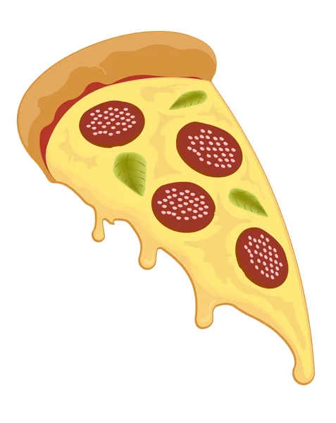 Fetta Pizza Con Gocce Formaggio Salame Foglie Basilico — Vettoriale Stock