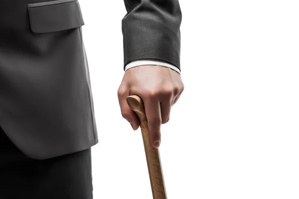 Businessman Black Suit Hand Holding Wooden Walking Cane Stick White — Stock Photo, Image