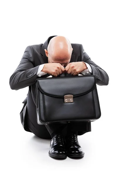 Chorando cansado ou estressado empresário em depressão mão segurando pasta — Fotografia de Stock