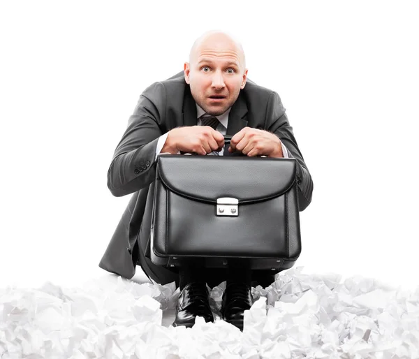 Unhappy scared or terrified businessman in depression hand holding briefcase — Stock Photo, Image