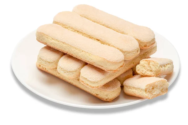 Tradiční ladyfingers italských Savoiardi sušenky na bílém pozadí — Stock fotografie