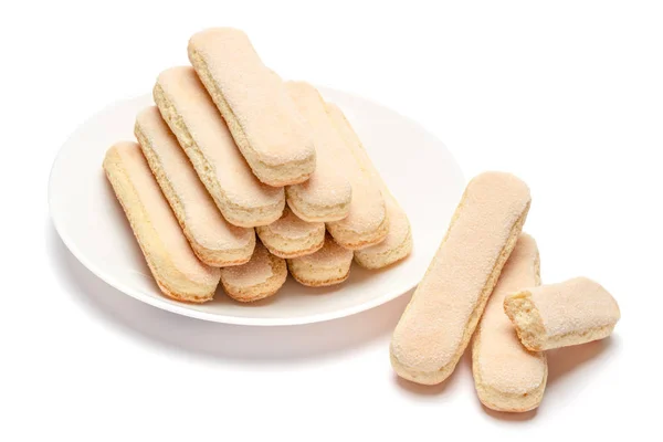 Biscoitos tradicionais italianos Savoiardi ladyfingers em fundo branco — Fotografia de Stock