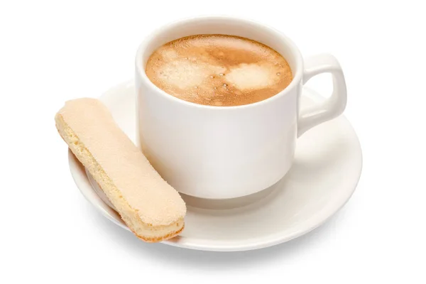 Белая керамическая чашка кофе с печеньем Savoiardi ladyfinger на тарелке — стоковое фото
