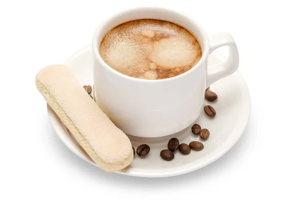 Белая керамическая чашка кофе с печеньем Savoiardi ladyfinger на тарелке — стоковое фото