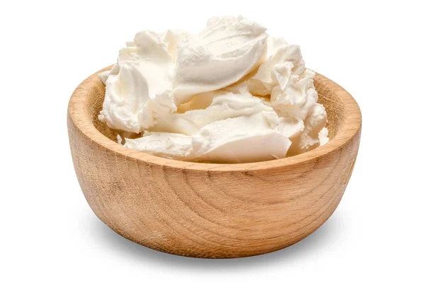 Traditional Mascarpone cheese in wooden bowl isolated with clipping path — Stock Photo, Image