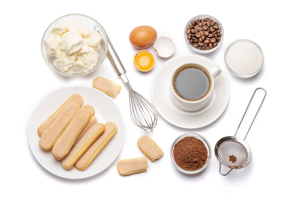 Ingredienti per la cottura del tiramisù Biscotti Savoiardi, mascarpone, panna, zucchero, cacao, caffè e uova — Foto Stock