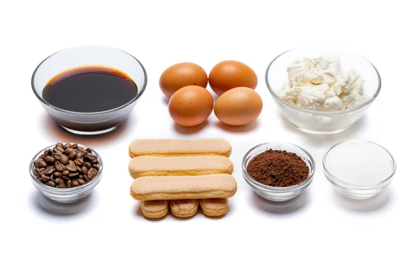 Ingrediënten voor het koken van tiramisu - Savoiardi biscuit cookies, mascarpone, crème, suiker, cacao, koffie en ei — Stockfoto