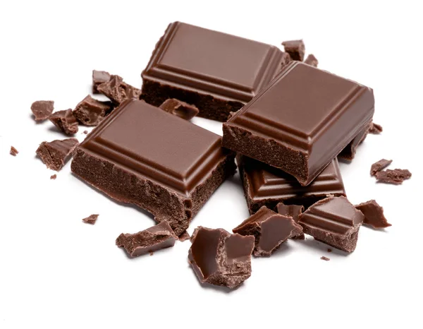 Dark organic chocolate pieces isolated on white background — Stock Photo, Image