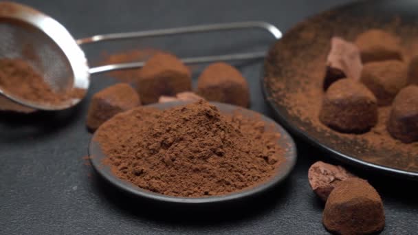 Chocolate truffles candies and cocoa powder on dark concrete background — Stock Video