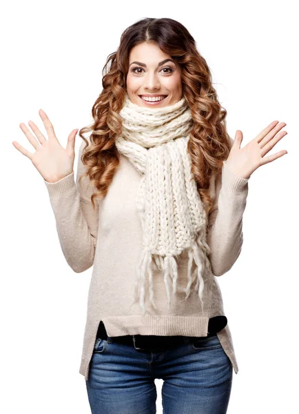 Beautiful young woman in knitted wool sweater smiling — Stock Photo, Image