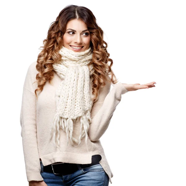 Beautiful young woman in knitted wool sweater smiling — Stock Photo, Image