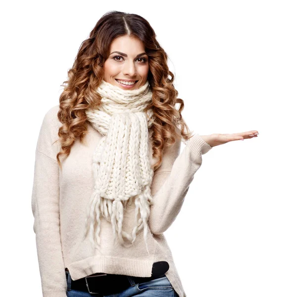 Beautiful young woman in knitted wool sweater smiling — Stock Photo, Image