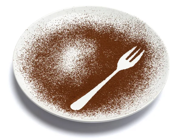 Λευκό πιάτο με πιρούνι σιλουέτα από σκόνη κακάο με clippoing διαδρομή — Φωτογραφία Αρχείου