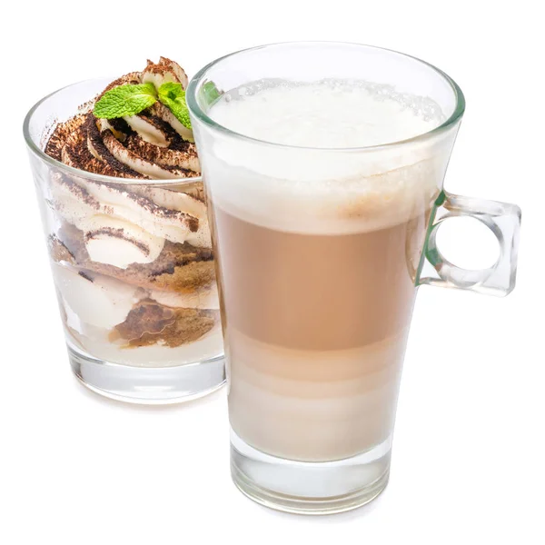 Klassisk tiramisu dessert i ett glas och kopp kaffe isolerad på en vit bakgrund med urklippsbana — Stockfoto