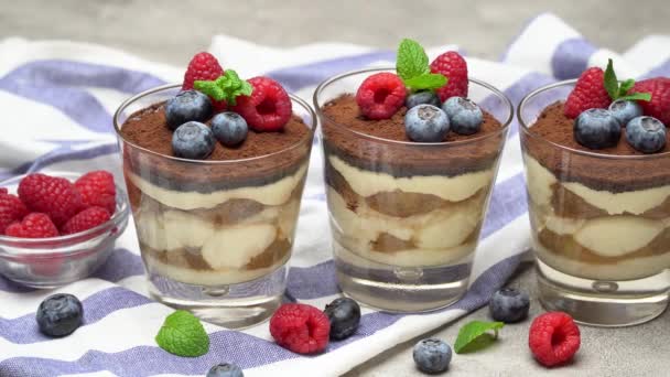 Классический десерт с черникой и малиной в стакане на бетонном фоне — стоковое видео