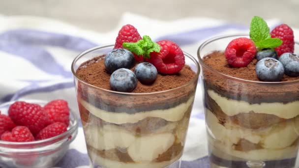 Classic tiramisu dessert with blueberries and raspberries in a glass on concrete background — Stock Video