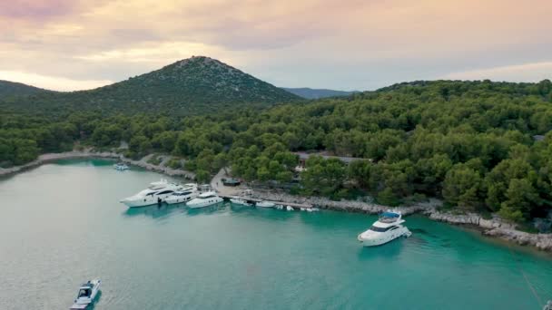 Aerial drone shot van Marina Bay in de Adriatische Zee, Kroatië — Stockvideo