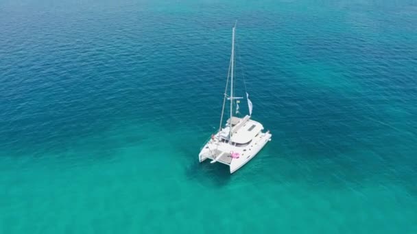 Drone footage aerial top view of catamaran sailing in the open sea — Stock Video