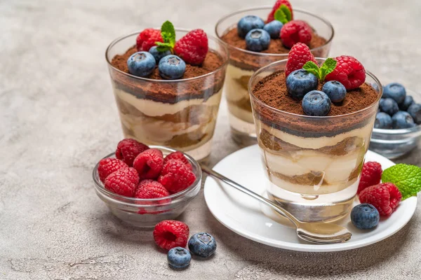 Klassisk tiramisu dessert med blåbär och hallon i ett glas och skålar med bär på betong bakgrund — Stockfoto