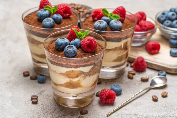 Klassisk tiramisu dessert med blåbär och hallon i ett glas och skålar med bär på betong bakgrund — Stockfoto