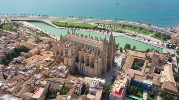 Imágenes de vídeo de aviones no tripulados Famosa Catedral La Seu en Palma de Mallorca España — Vídeo de stock