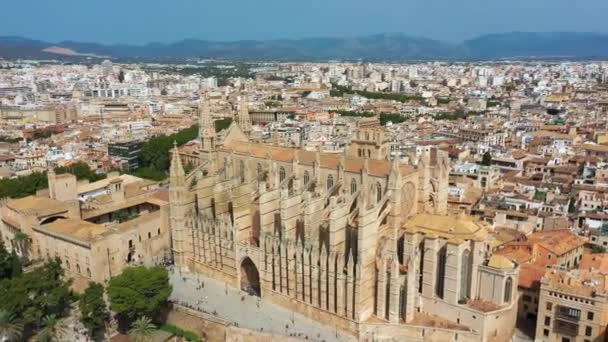 Palma de Mallorca İspanya'daki Ünlü KatedralLa Seu'nun havadan drone video görüntüleri — Stok video