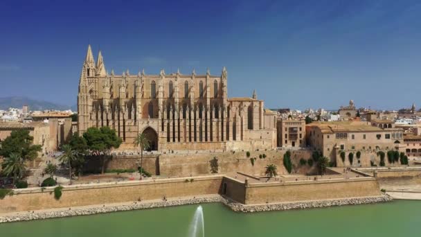 Légi drone videofelvétel híres katedrális La Seu Palma de Mallorca Spanyolország — Stock videók