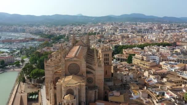 Légi drone videofelvétel híres katedrális La Seu Palma de Mallorca Spanyolország — Stock videók