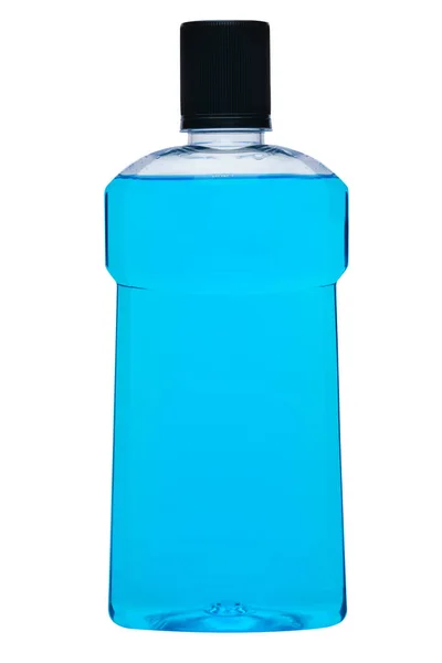 Fles blauwe mondwater vloeistof geïsoleerd op een witte achtergrond — Stockfoto