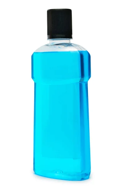 Fles blauwe mondwater vloeistof geïsoleerd op een witte achtergrond — Stockfoto