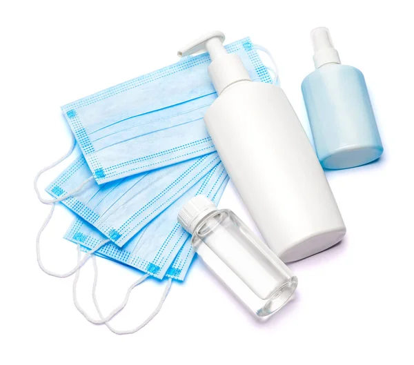 Üveg krém, testápoló, fertőtlenítő vagy folyékony szappan és védő maszk elszigetelt fehér alapon — Stock Fotó