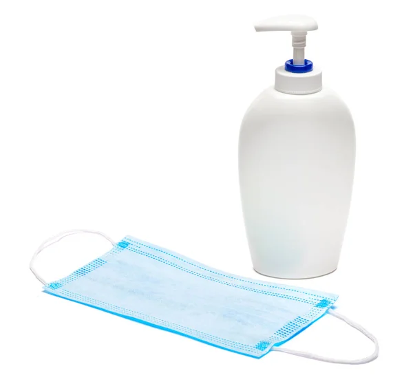 Flasche Creme, Lotion, Desinfektionsmittel oder Flüssigseife und Schutzmaske isoliert auf weißem Hintergrund — Stockfoto