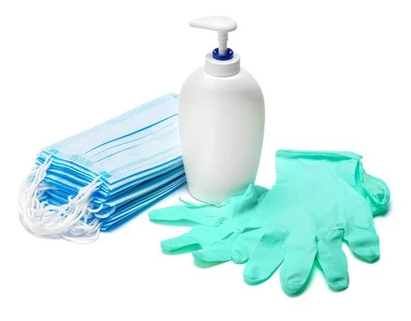 Flaska kräm, lotion, desinfektionsmedel eller flytande tvål, latexgummi glover och skyddsmask isolerad på vit bakgrund — Stockfoto