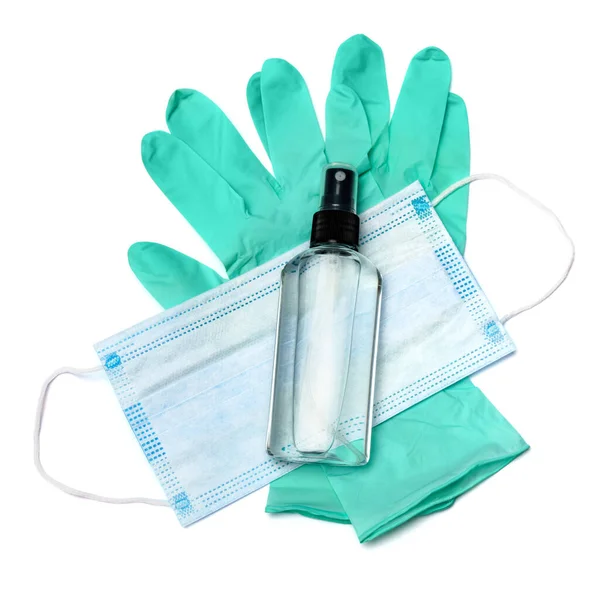 Üveg krém, testápoló, fertőtlenítő vagy folyékony szappan, latex gumi glover és védő maszk elszigetelt fehér alapon — Stock Fotó