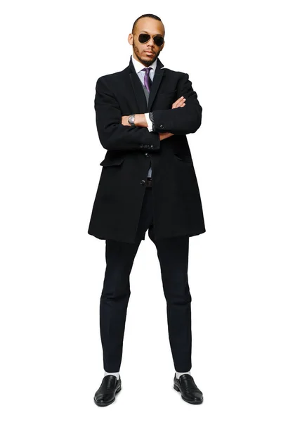 Full length studio shot of a african-american businessman wearing coat Isolated on white background — Stock Photo, Image